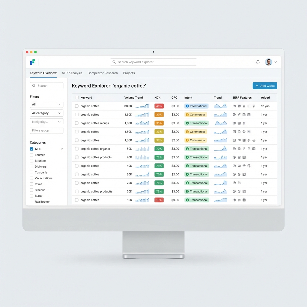 Ahrefs Keyword Magic Tool interface displaying SEO metrics like volume and KD