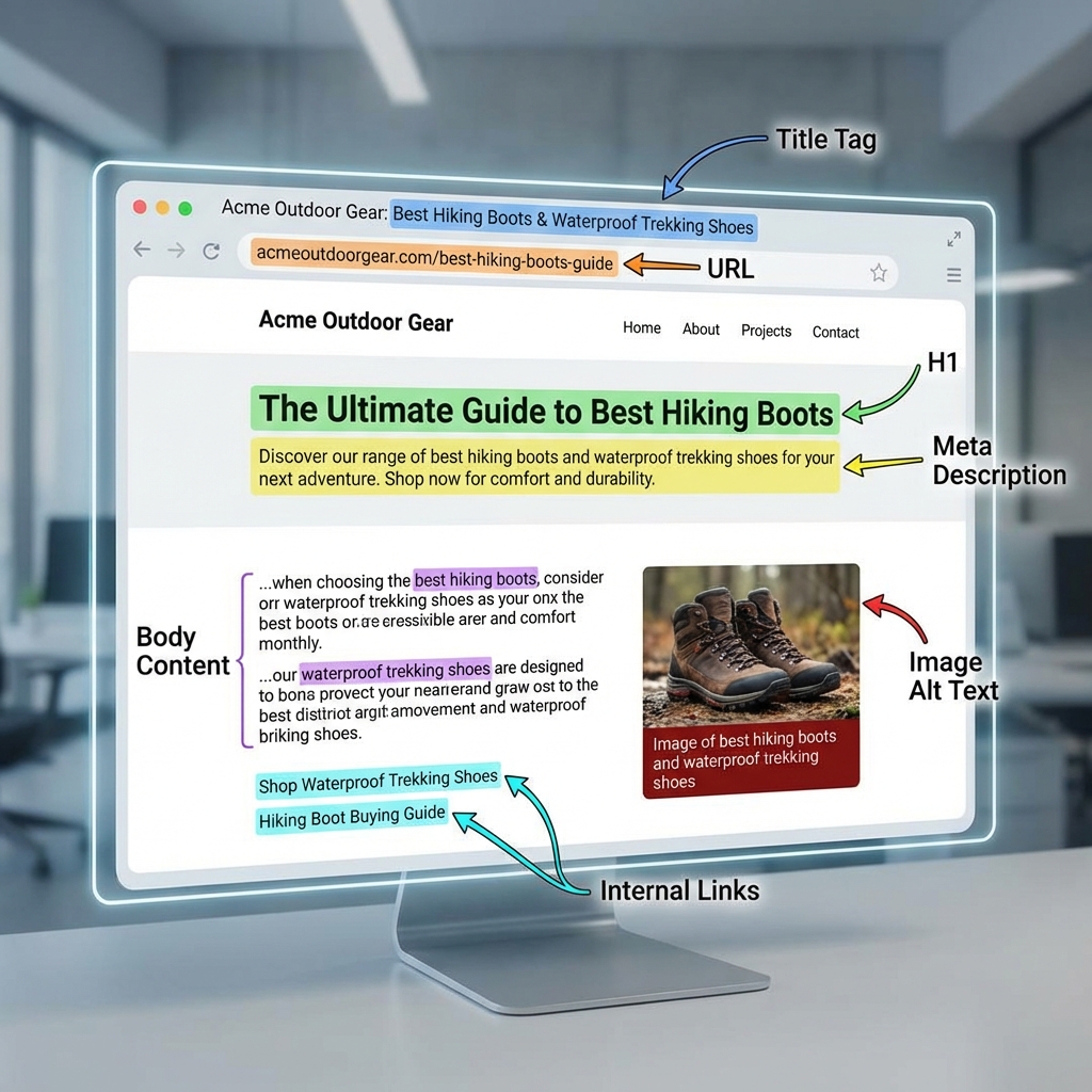 Keyword placement strategy showing strategic locations for SEO optimization