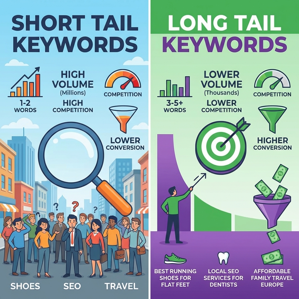 Comparison infographic showing long tail vs short tail keywords characteristics