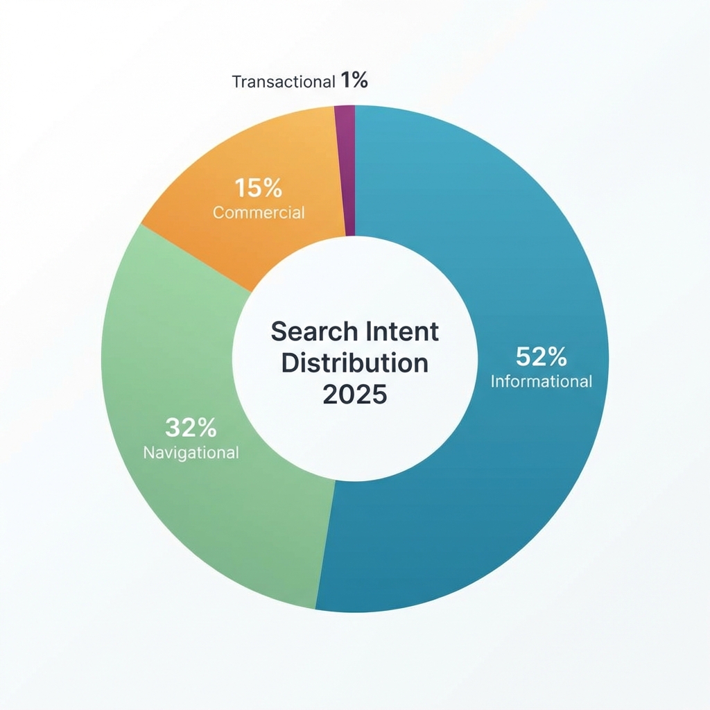 Search intent distribution chart for SEO keyword analysis in 2025: 52% Informational, 32% Navigational, 15% Commercial, 1% Transactional